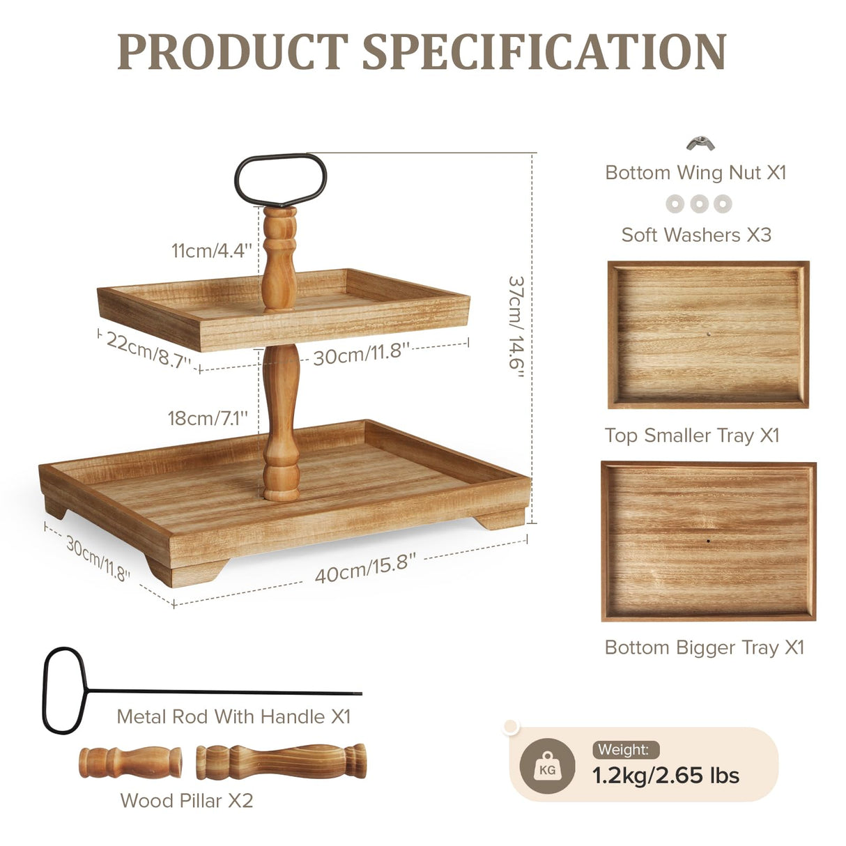 Boiarc Rustic Wooden 2 Tiered Tray Stand, Farmhouse Tiered Serving Tray Decor, Rectangle Wood Display Stands for Food Fruits Cupcake and Seasonal Festive Decorations (Brown) Boiarc