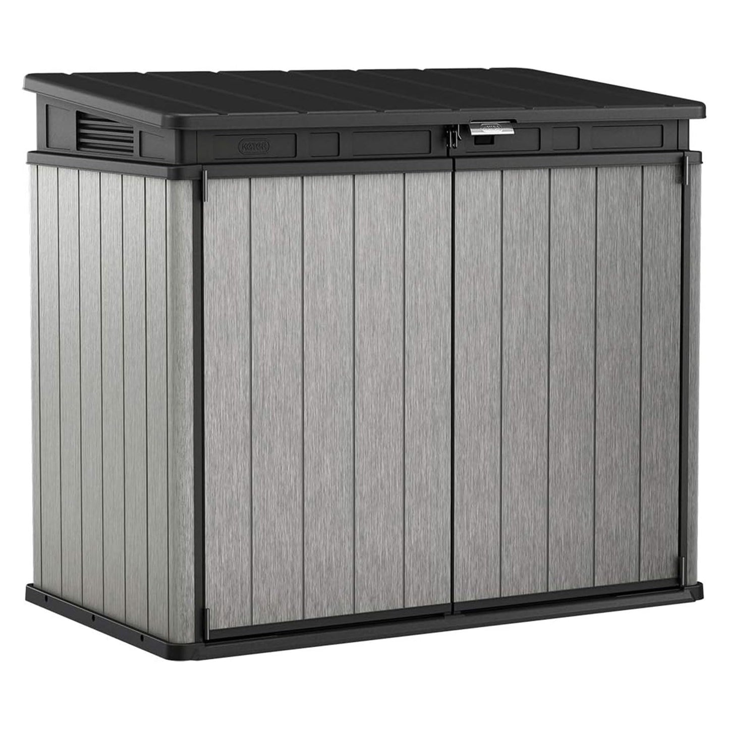 Keter Elite Store Outdoor Storage Shed, 4.6x2.7 Ft, All-Weather, Lockable Doors, Built-in Ventilation, Lid-to-Bin Kit, & Soft Close Mechanism, Grey - WoodArtSupply