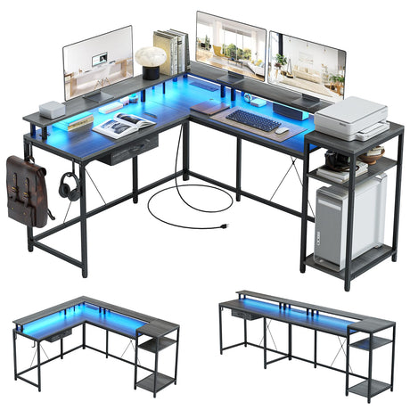 Jojoka L Shaped Gaming Desk,68" Computer Desk with Power Outlets & LED Lights, Home Office Desk with File Drawer, Corner Desk with Monitor Shelf and Hook, Two Person Desk (Grey Oak) Jojoka