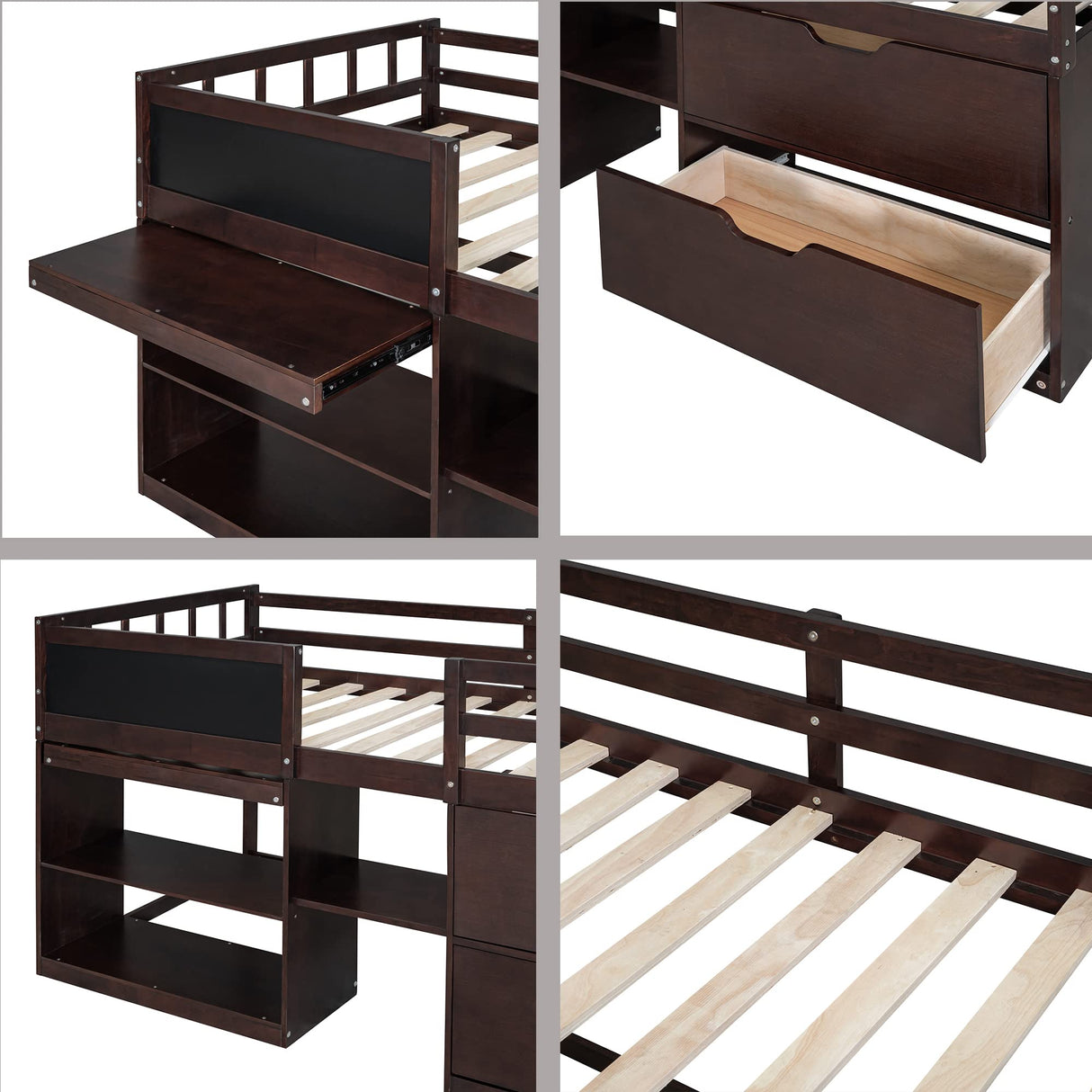 Harper & Bright Designs Low Loft Bed with Rolling Desk and Storage Shelves, Twin Size Loft Beds with 2 Drawers and Chalkboard, Wood Junior Twin Loft Bed Frame for Kids Boys Girls Teens, Espresso Harper & Bright Designs