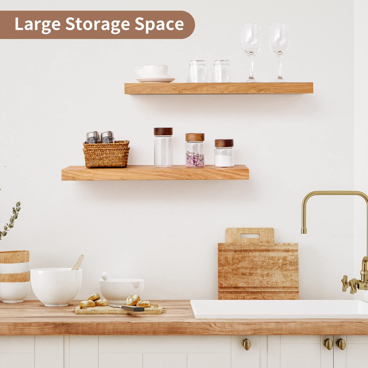 Axeman Floating Shelves, 8 Inch Deep Rustic Solid Elm Wood Wall Shelves for Storage, Wall Mounted Display Shelving with Invisible Heavy-Duty Metal Bracket, 24 Inch Width Set of 2, Natural Axeman