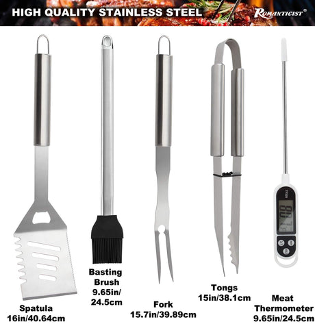ROMANTICIST 28pc BBQ Accessories Set with Thermometer - The Very Best Grill Gift on Birthday Wedding - Heavy Duty Stainless Steel Grill Set in Case for Outdoor Cooking Camping Grilling Smoking ROMANTICIST