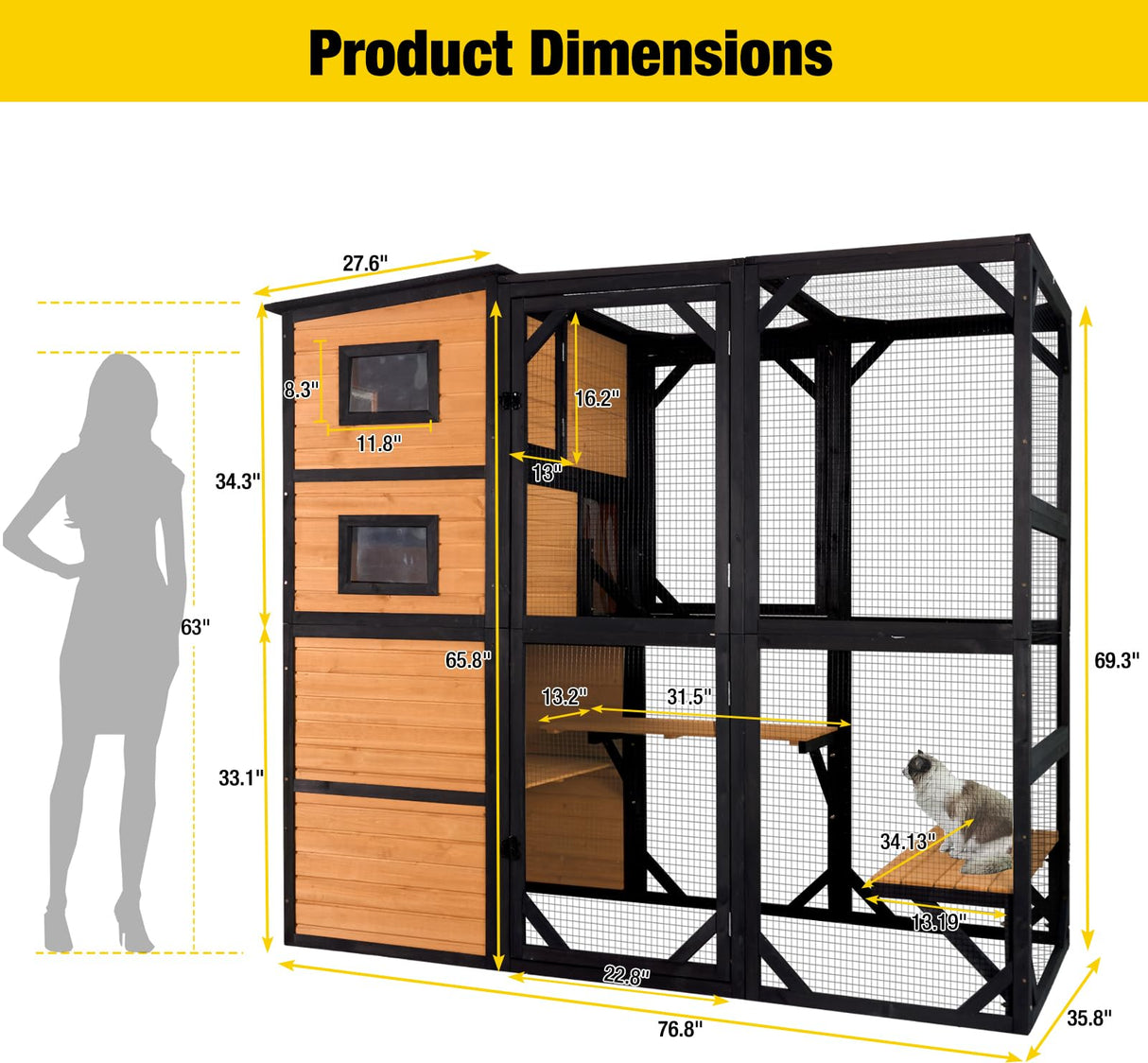 Aivituvin Large Cat Catio 4 Tiers Cat Enclosures House for Outdoor Indoor Cats with Weatherproof Roof, 3 Resting Rooms, 3 Platforms, 5 Windows 70" H 77" L Aivituvin