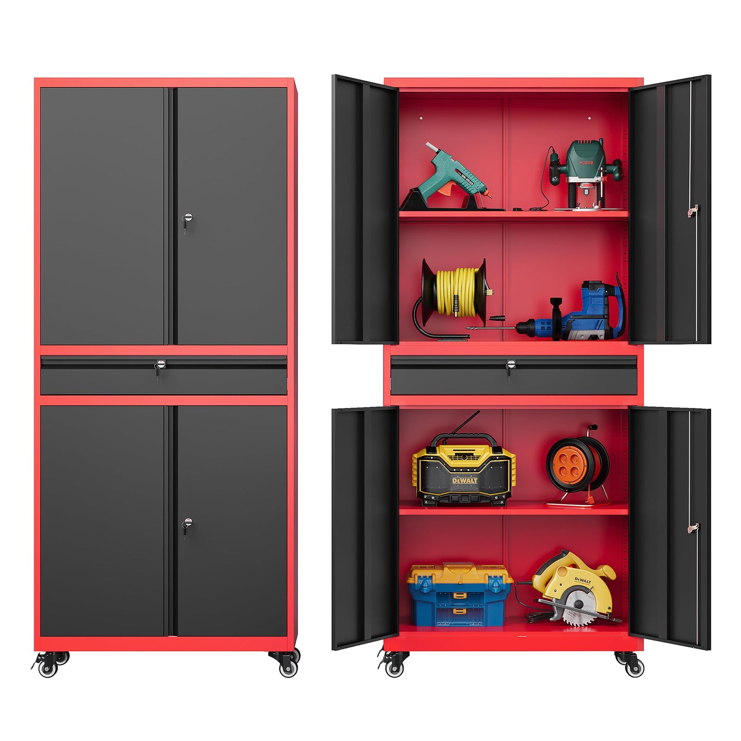 Metal Storage Cabine，73" Tall Garage Storage Cabinet，with 2 Tier Shelves and Locking Rolling Tool Storage Cabinet，for Garage Home，Kitchen，Office，Utility Room，Warehouse (Red Black, 73"H -Wheels)