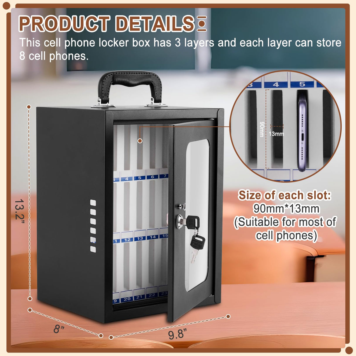 Consfly Cell Phone Locker Box, Thickened Steel Cell Phone Storage Cabinet 24 Slots Wall-Mounted Cell Phone Lock Box for School, Company Consfly