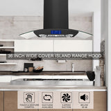 JOEAONZ 36 inch Island Range Hood 700CFM Black Painted Stainless Steel, Gesture & Touch Control Panel Ceiling Mount Kitchen Vent Hood Ducted/Ductless Convertible Extractor, Exhaust Fan 4 LED Lights JOEAONZ