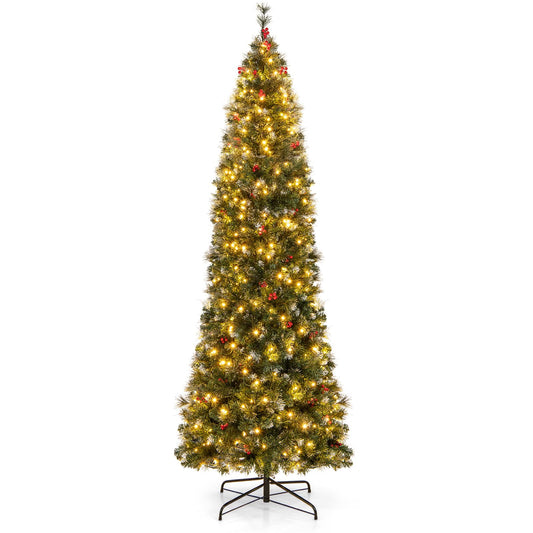 Goplus 8ft Pre-Lit Pencil Christmas Tree, Artificial Hinged Slim Xmas Tree with 420 Warm-White LED Lights, 1168 Branch Tips, Pine Needles, Silver Glitter, Red Berries, for Office Home Decor