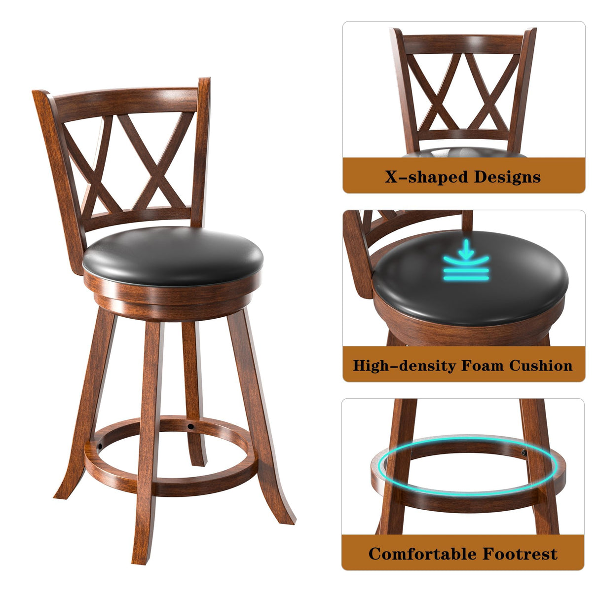 24" Counter Height Swivel Bar Stools - High Back Swivel Counter Stools with Upholstered Seat & Solid Wood Footrest, Counter Bar Chairs for Kitchen Island & Pub (Brown, Set of 2) Betterhood