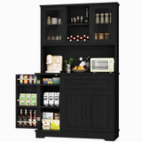 Shintenchi Kitchen Pantry Storage Cabinet, Freestanding Buffet Cabinet with Microwave Stand & 4 Door Shelves, Kitchen Hutch with Doors, Adjustable Shelves and Wine Rack, Black Shintenchi