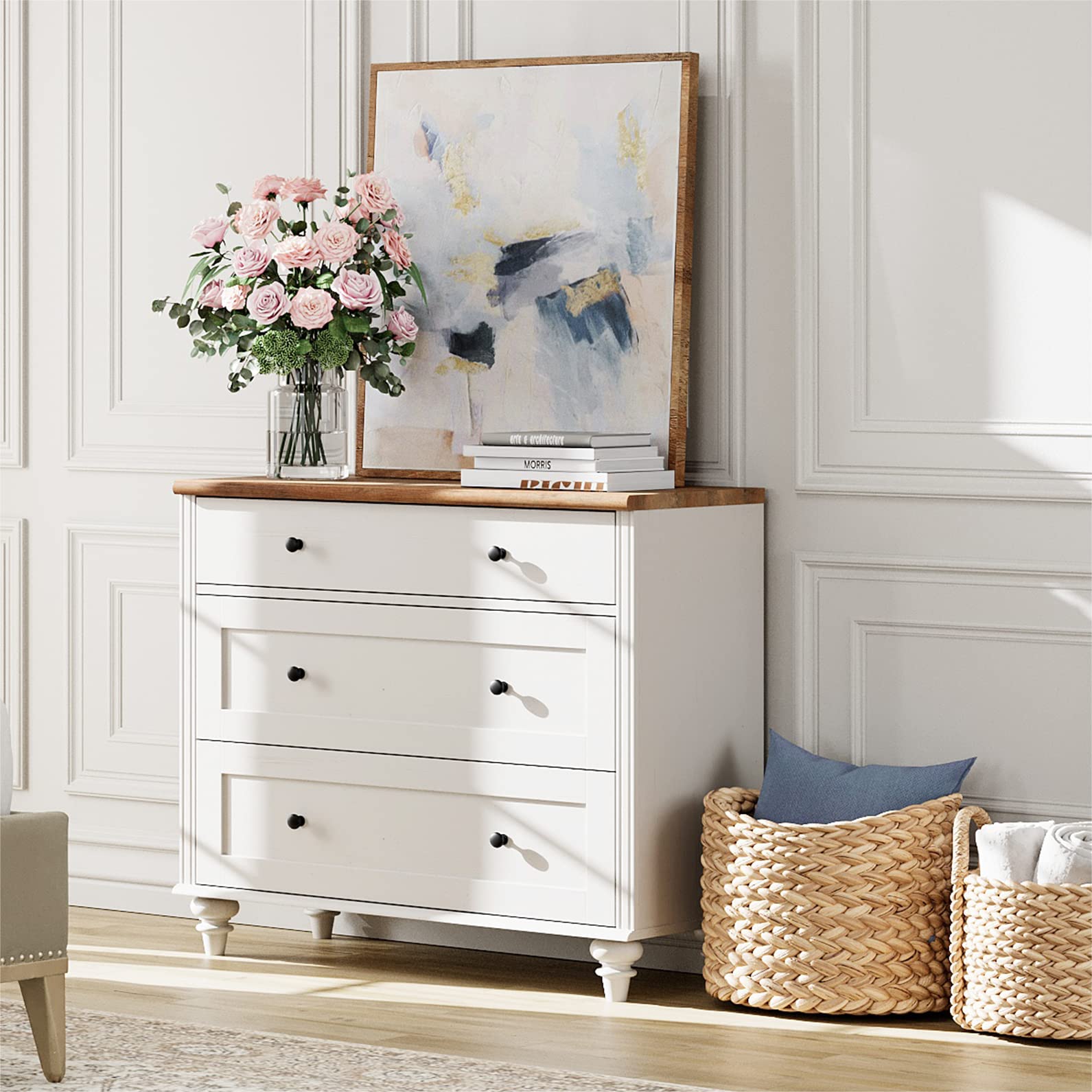 white dresser wood top WAMPAT Dresser for Bedroom with 3 Drawers, White Kids Dressers with Wi – WoodArtSupply