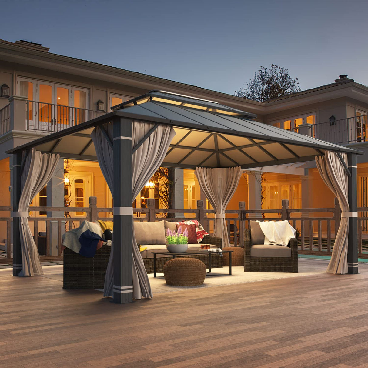 YOLENY 12' x 16' Hardtop Gazebo, Permanent Outdoor Aluminum Patio Gazebo with Aluminum Composite Double Roof for Patio Lawn and Garden, Curtains and Netting Included YOLENY