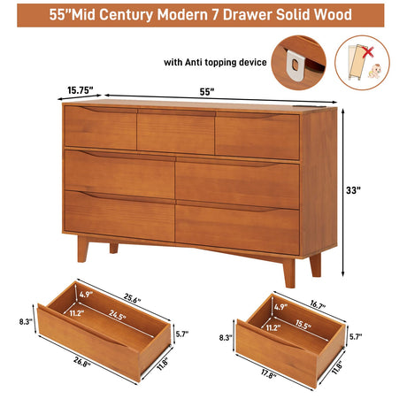 chartustriable 55”Solid Wood Drawers Dresser with Power Outlets, 7 Drawer Dresser for Bedroom, Mid Century Modern Vintage Large Chest of Dresser for Hallway, Entryway,Cutout Handle, Caramel chartustriable