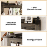 FinerFurnis 77 Inch Farmhouse Hall Tree Bench with 2 Mirrors, Shoe Storage, Coat Rack, Sliding Barn Doors, Wooden Entryway Organizer Furniture for Apartments, Mudroom, Deep Oak FinerFurnis