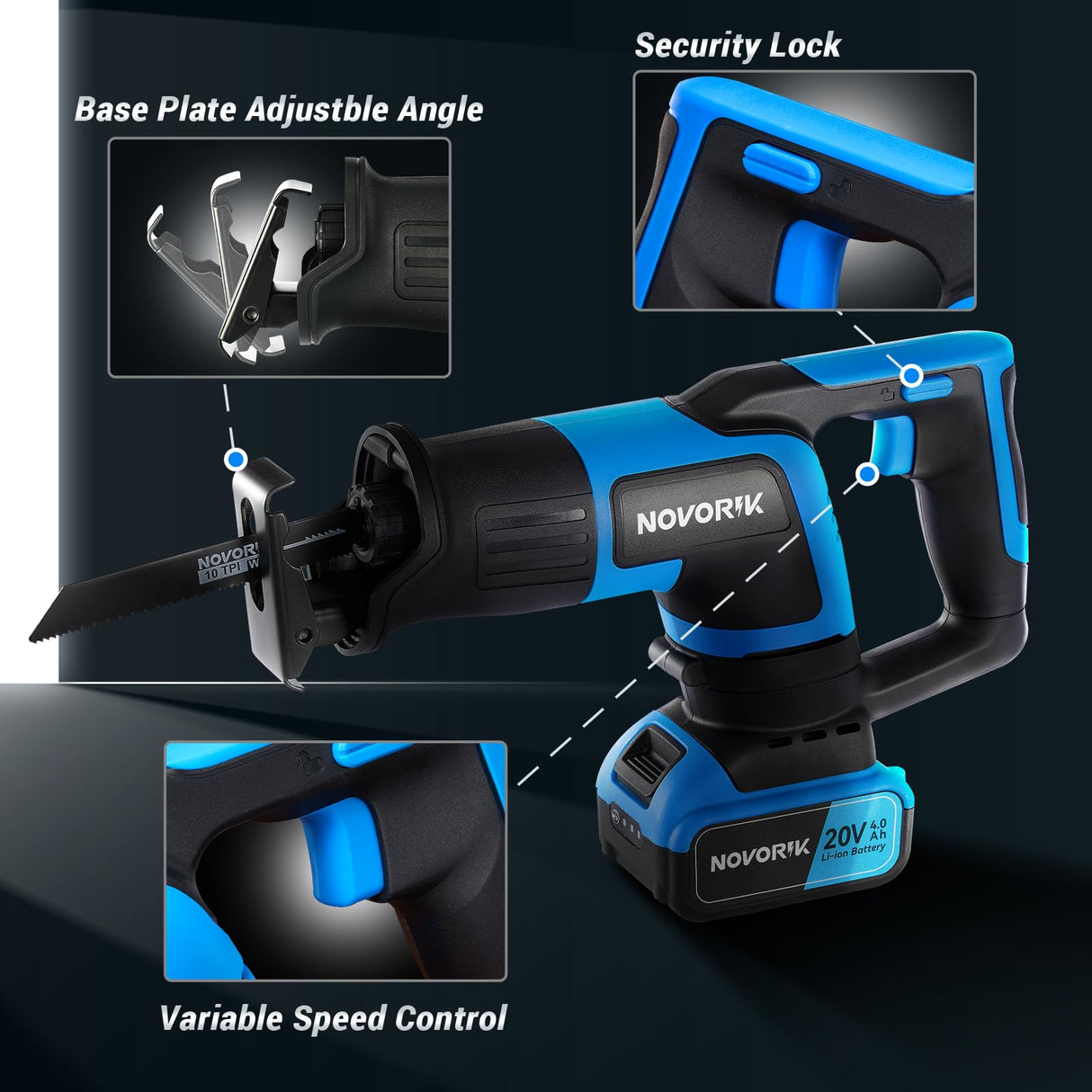 NOVORIK 20V Cordless Reciprocating Saw, 3000 SPM, 22mm Stroke, 2 x 4.0Ah Battery, 8 Saw Blades for Wood, Metal, PVC Cutting novorik