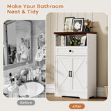 Viroformo White Floor Cabinet, Farmhouse Storage Cabinet with Barn Doors and Drawer, Freestanding Adjustable Shelf Cabinets for Bathroom, Kitchen, Living Room Viroformo