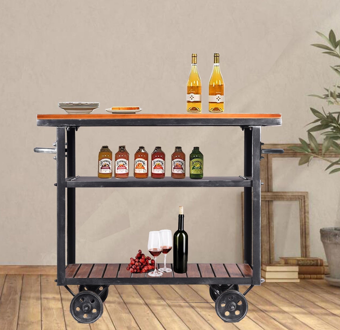 BOKKOLIK Vintage Rolling Bar Cart on Wheels Industrial Mobile Serving Cart Metal and Wood Design for Kitchen Bar Office Coffee House 36.2" Lx15.75 Wx30.5 H 3 Tier with 2 Side Handle