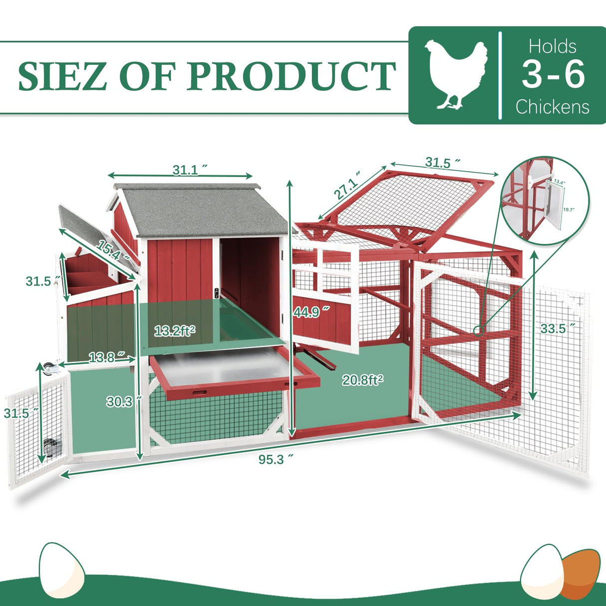 Magazoopet 95.3" Large Chicken Coop with Run, Tractor Hen Chicken House with 3 Nesting Boxes, Portable Duck Rabbit Quail Hutch Poultry Cage for 4-6 Chickens with 6 Access,Pull-Out Tra (Red) Magazoopet