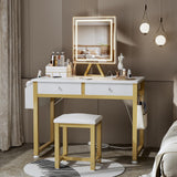 Lufeiya Small Makeup Vanity Desk with Fabric Drawers, 32 inch White Vanity Desks with Mirror and Light, Dressing Table and Chair Set with Power Outlet for Girls Bedroom, White Gold Lufeiya