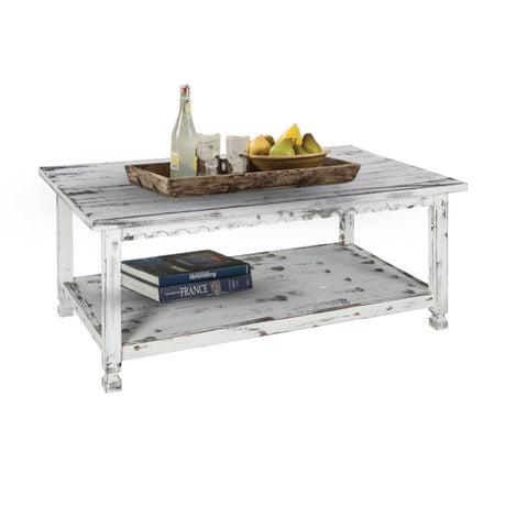 Country Cottage 42-Inch Farmhouse Coffee Table with Storage Shelf and White Antique Finish for Living Room or Family Room by Alaterre Furniture Alaterre Furniture