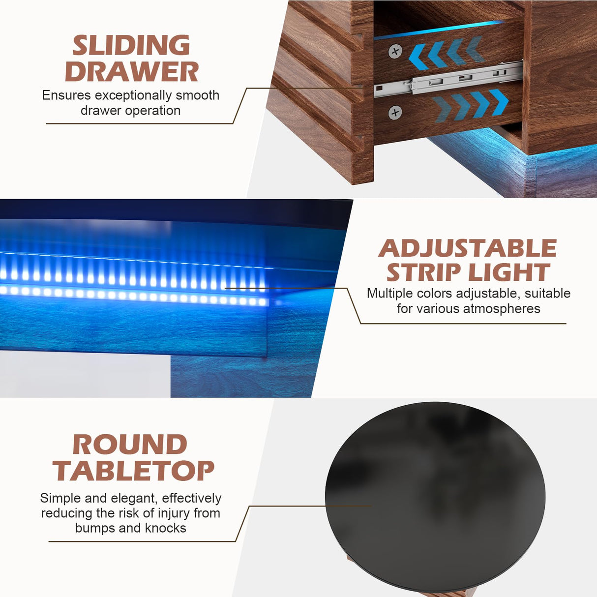 PAKASEPT 31.5" Black Round Coffee Table with LED Light, Modern LED Coffee Tables with 2 Sliding Drawers, Wood Center Table for Reception Home Dining Room PAKASEPT