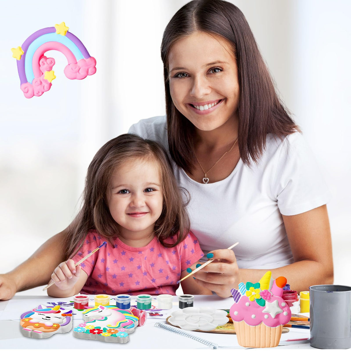 HyDren 12 Sets Arts and Crafts Painting Kit for Kids Unicorn Unpainted DIY Ceramic Figurines Paint Your Own Figurines with Magnets, Paintbrushes, Palettes for Kids Adults(Unicorn Theme) HyDren