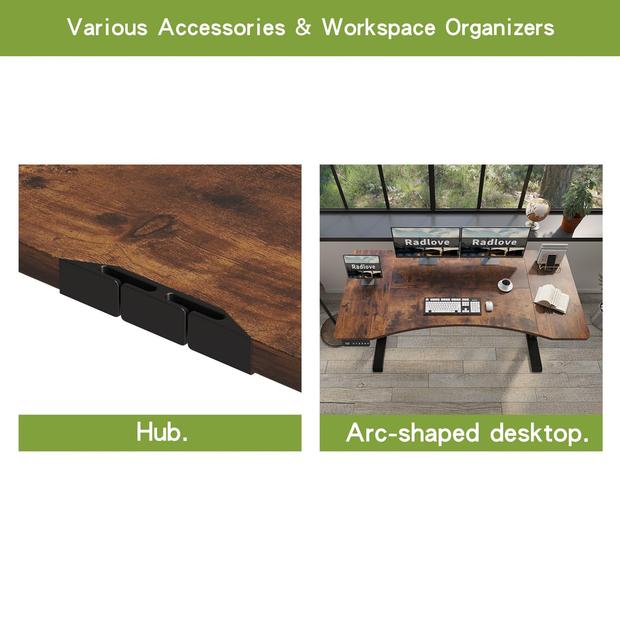 Radlove Dual Motors Height Adjustable 63 x 30 Electric Standing Desk with Curved Design Stand Up Table 4 Memory Keys, Computer Desk with Splice Board Home Office Desk, Brown Top + Black Frame Radlove