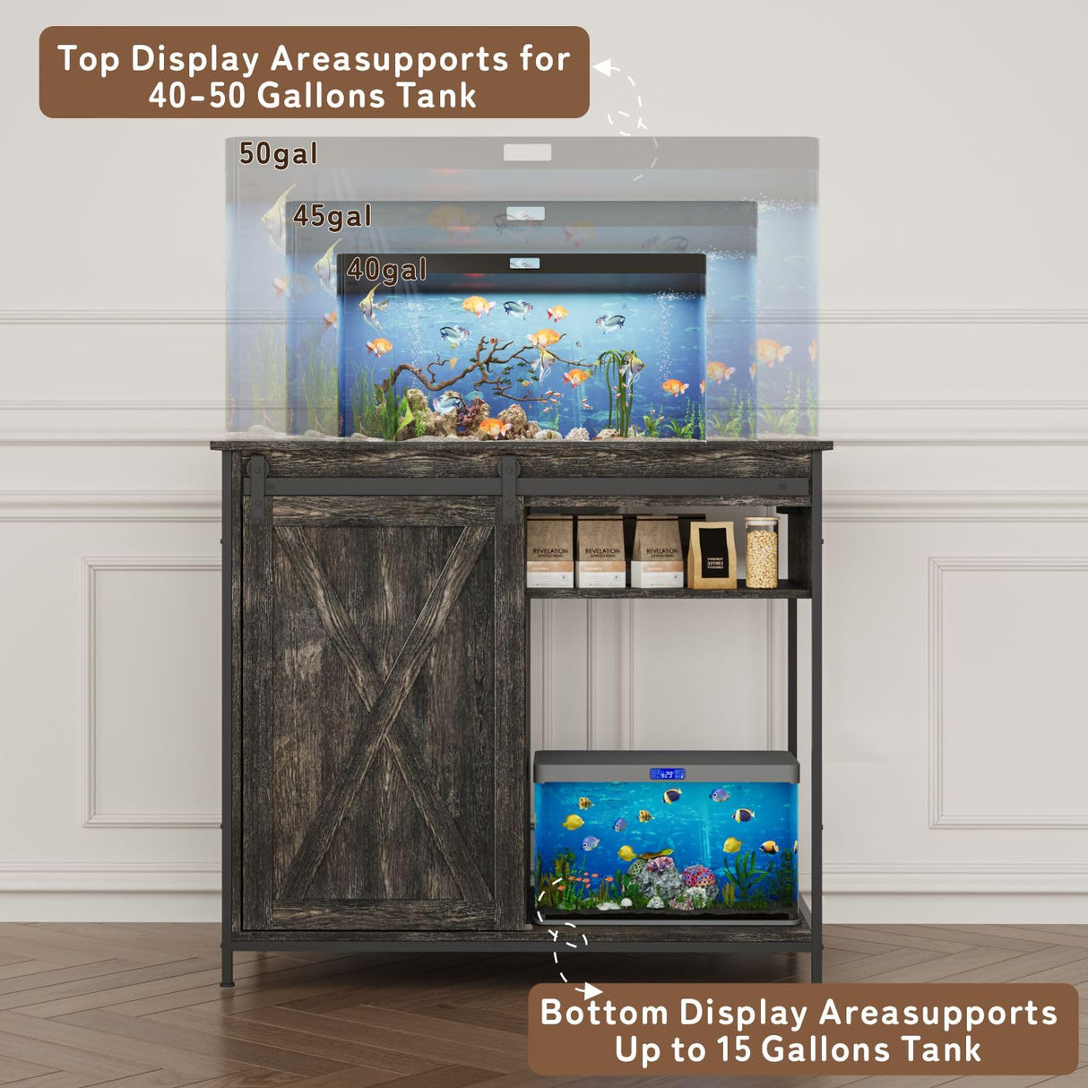 40-50 Gallon Fish Tank Stand with Power Outlets,Farmhouse 50 Gallon Aquarium Stand with Sliding Barn Door Heavy Duty Aquarium Cabinet for 2 Fish Tank/Turtle Tank/Reptile Terrarium YDTOP