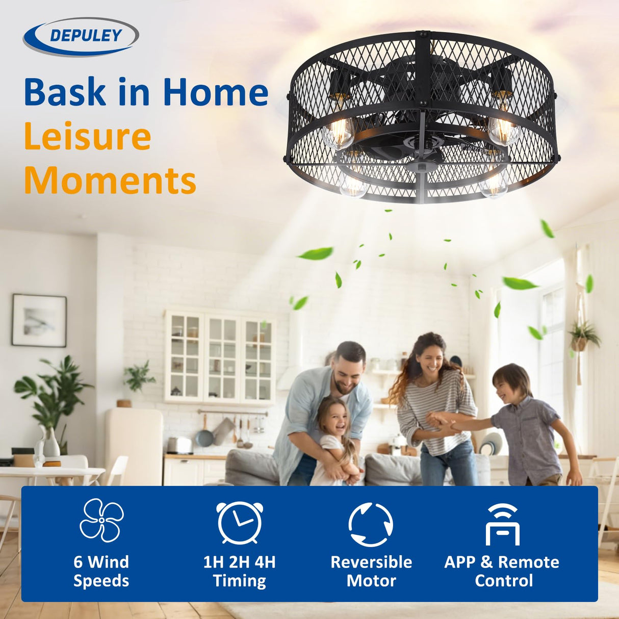 Depuley Flush Mount Ceiling Fan: 20" Caged Ceiling Fans with Lights and Remote App Control for Kitchen Bedroom Farmhouse - Rustic Low Profile Ceiling Fandelier Lights Reversible 6 Speed Timer Black Depuley