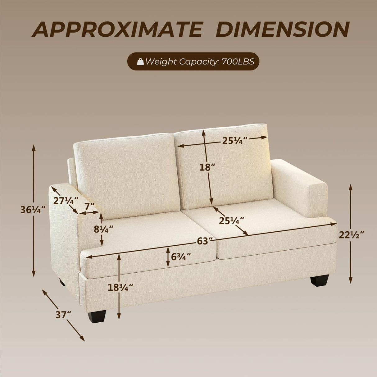 Furnimart 63" Loveseat Couch, Beige Chenille Sofa, Modern Deep Seat Sofas for Living Room, Comfy Love Seat Couches for Small Spaces, Removable Sofa Cover, Small Two Seater Couch for Bedroom, Office Furnimart