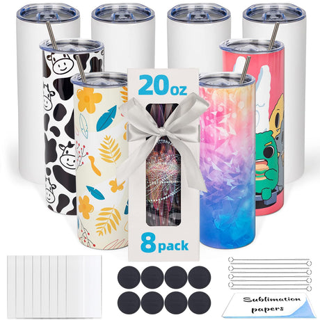 UIRZOTN 8 Pack 20 OZ Sublimation Tumbler Blanks Skinny Straight in Bulk, Stainless Steel Insulated Sublimation Tumbler with Polymer Coating for Heat Transfer, With Lid, Straw, ribbon, Gift Box UIRZOTN
