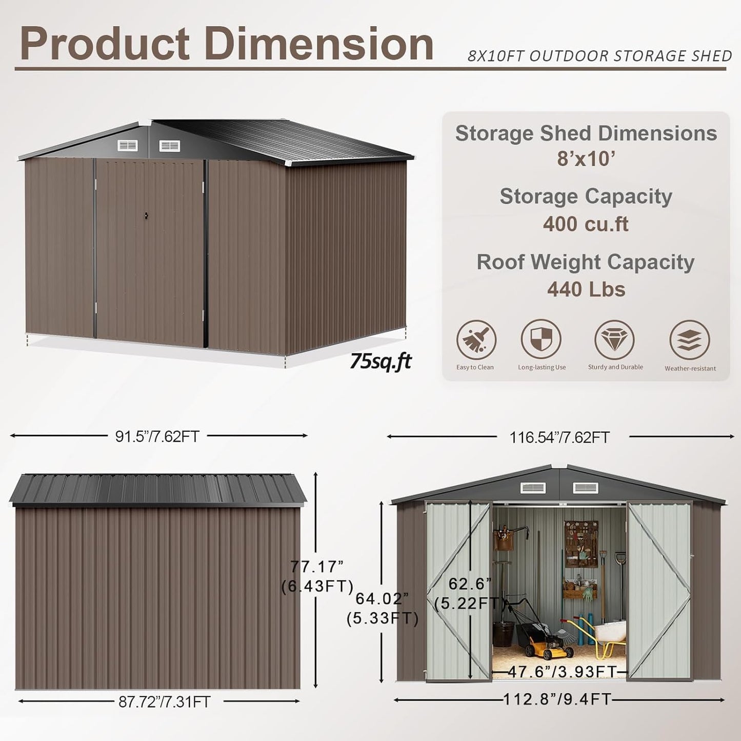 Aoxun Outdoor Storage Shed, 7.6 x 9.7 FT, Garbage Can, Outdoor Metal Shed for Tool, Garden, Bike, Placed in Patio, Garden Brown Base Included - WoodArtSupply