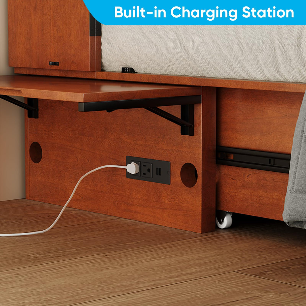 PUREMIND Queen Murphy Bed Cabinet - Solid Wood - Hideaway Chest Bed Frame with Storage Drawers, USB Charging Ports - Space Saving Wallbed for Bedroom, Guest Room, No Mattress Included (Cherry) PUREMIND