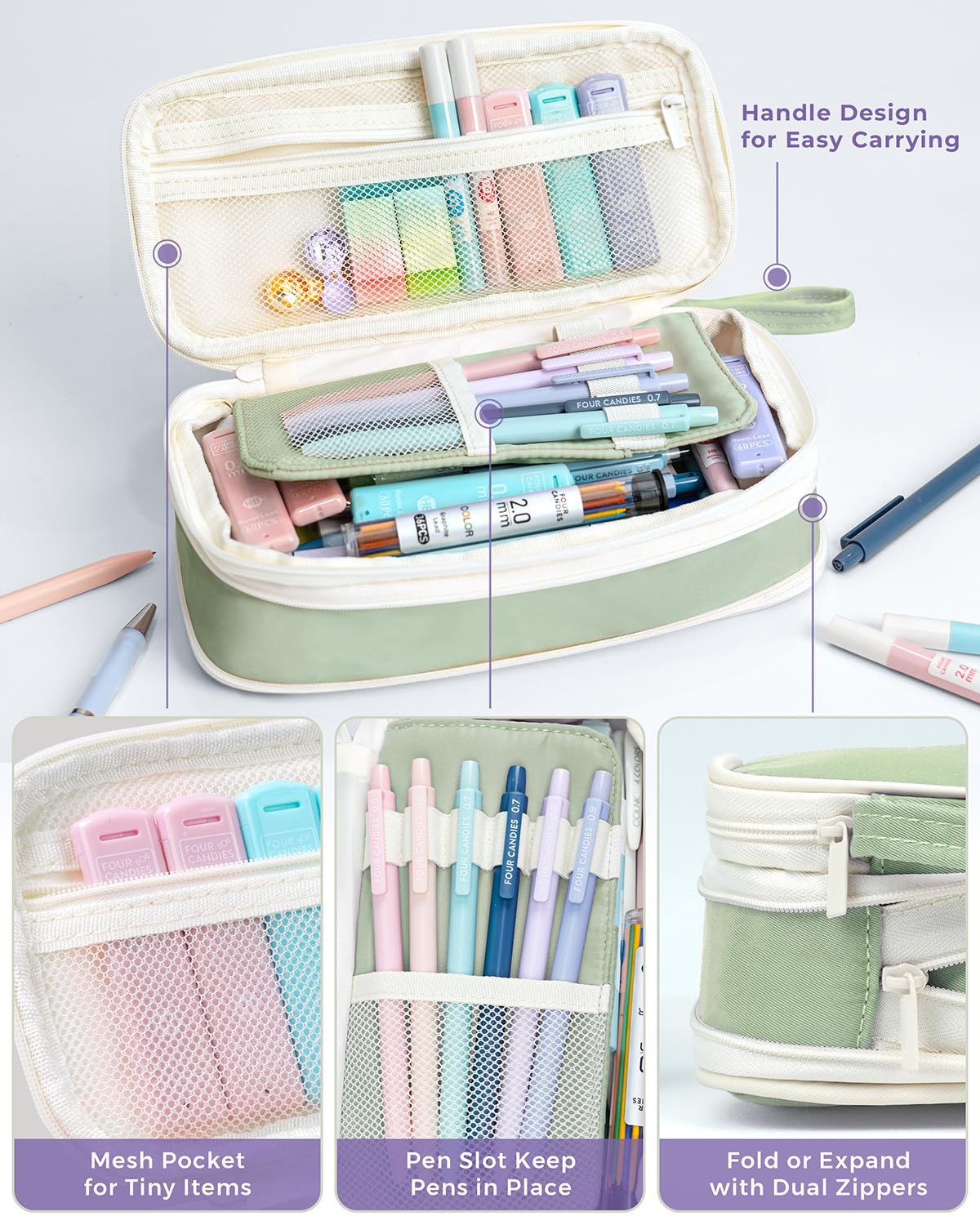 Four Candies 36PCS Aesthetic School Supplies, Mechanical Pencil Set 0.5mm, 0.7mm, 0.9mm & 2.0mm with 624 Lead Refills, Back to School Supplies for Writing & Drawing, Ideal Stationary Set Gift (Green) Four Candies