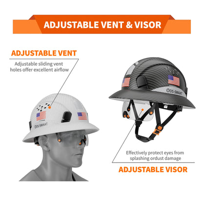 DS-SMAAT Full Brim Construction Hard Hat with Visor, 6-Point Ratchet Suspension Safety Helmet,Superior Impact Head Protection for Industry Use,ANSI Z89.1&OSHA Approved,Both for Men&Women(Matte Black)