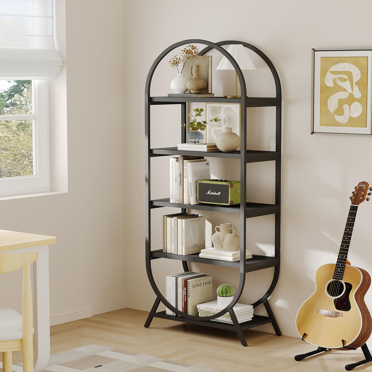 Kogven Bookshelf Arched Bookcase, Industrial 5 Tier Open Book Shelves with Metal Frame, 72" Tall Freestanding Display Rack for Home Office, Living Room, Black Kogven