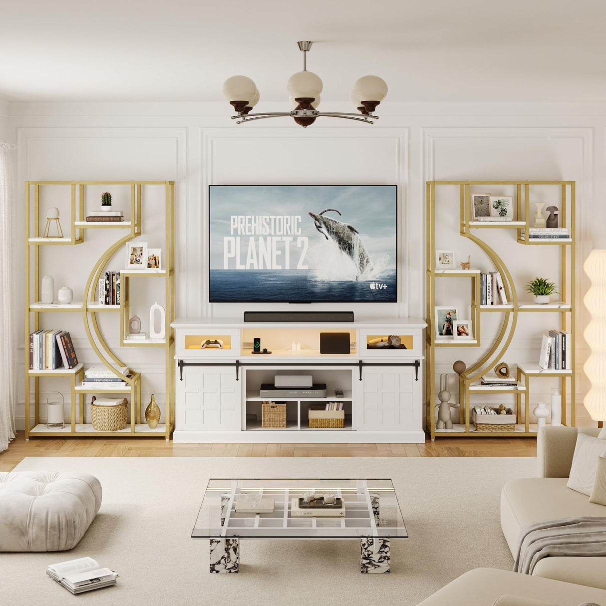 Modern Book Shelf, White and Gold Bookshelf, 70.8 Inch Tall Etagere Bookcase, Set of 2 Geometric Display Shelves for Living Room, Bookcases/Bookshelf with Metal Frame for Home Office HolliWill