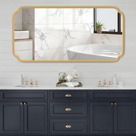 Ferytange Gold Wall Mirror 48 x 24 Inch Bathroom Vanity Mirror for Over Sink Modern Rounded Corner Rectangle Wall Mirror Decorative with Non-Rusting Iron Metal Framed (Horizontal/Vertical) Ferytange