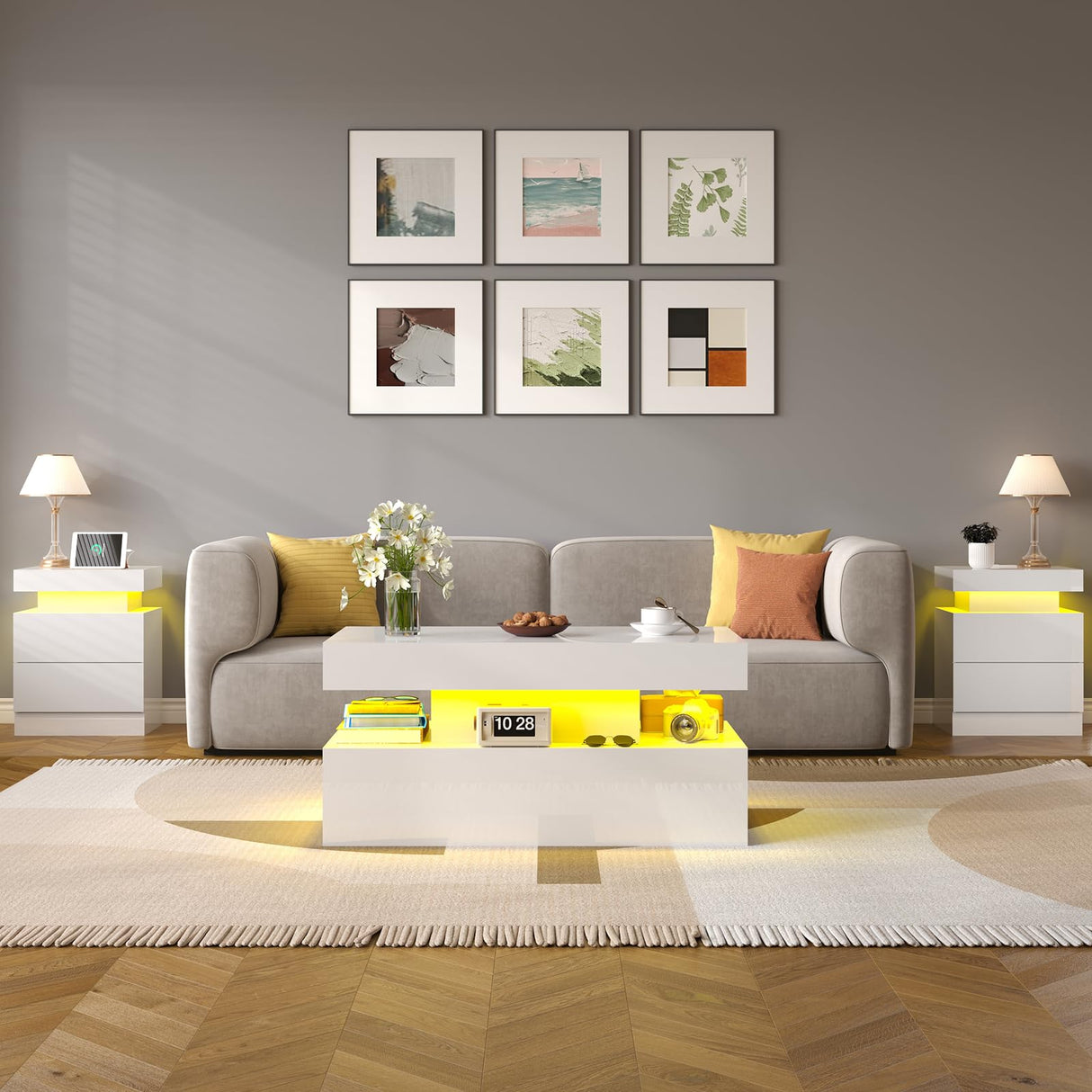 LUXOAK 3 Pieces Living Room Table Set, Modern High Gloss Coffee Table Set with LED Light and Storage Space, 2 End Side Tables with Charging Station for Living Room, Office, White LUXOAK