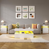 LUXOAK 3 Pieces Living Room Table Set, Modern High Gloss Coffee Table Set with LED Light and Storage Space, 2 End Side Tables with Charging Station for Living Room, Office, White LUXOAK