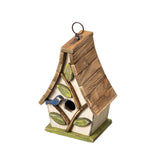 Glitzhome 9.5" H Hanging Bird House Distressed Solid Wood Decorative Outdoor Garden Birdhouse with Natural Wood Pallet Roof and 3D Tree,Washed White Glitzhome