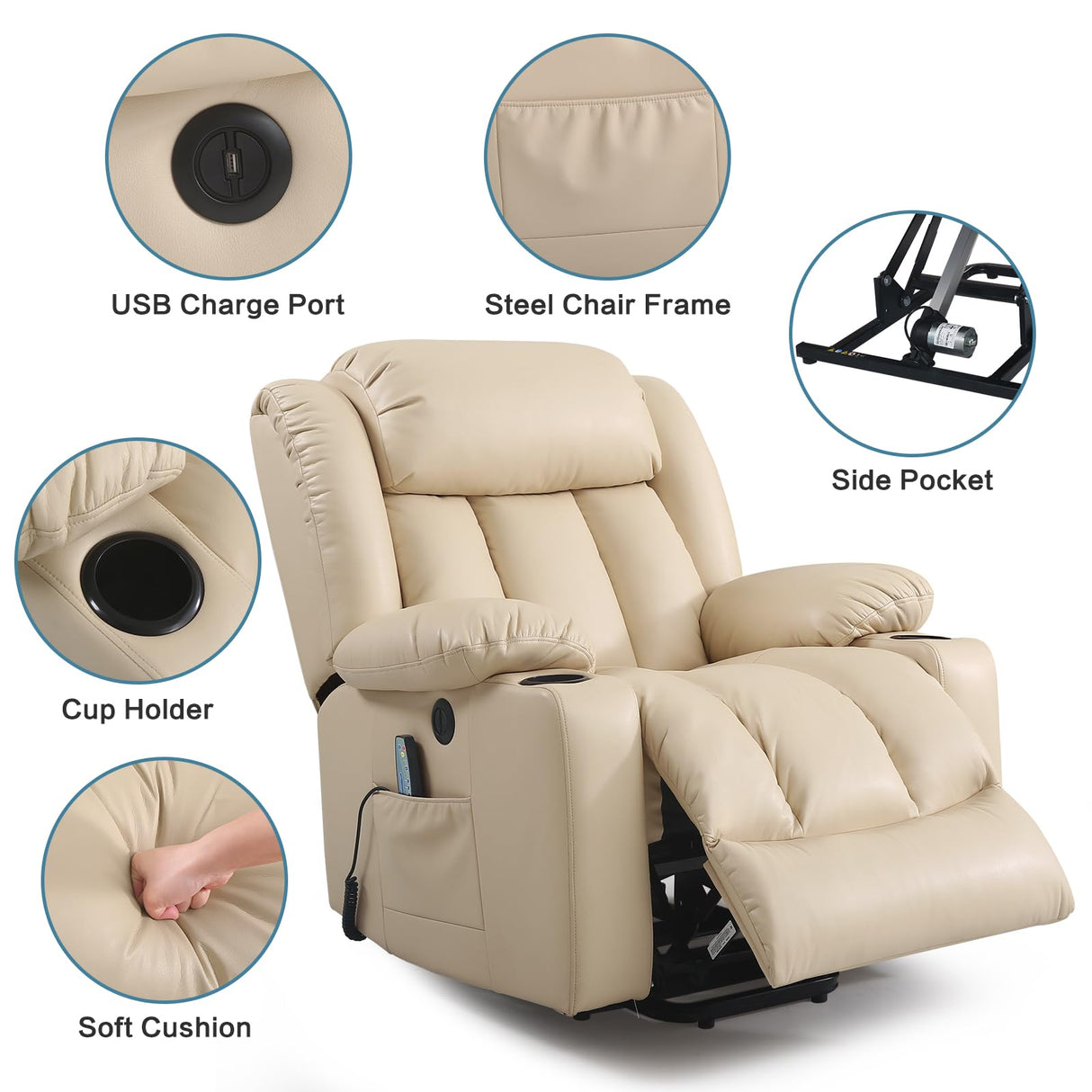 PARKOL Power Lift Recliner Chair for Elderly Breathable Leather Recliner Chair with Massage and Heat,2 Cup Holders,Electric Stand Assist,USB Ports,Gifts for Family (Beige) PARKOL