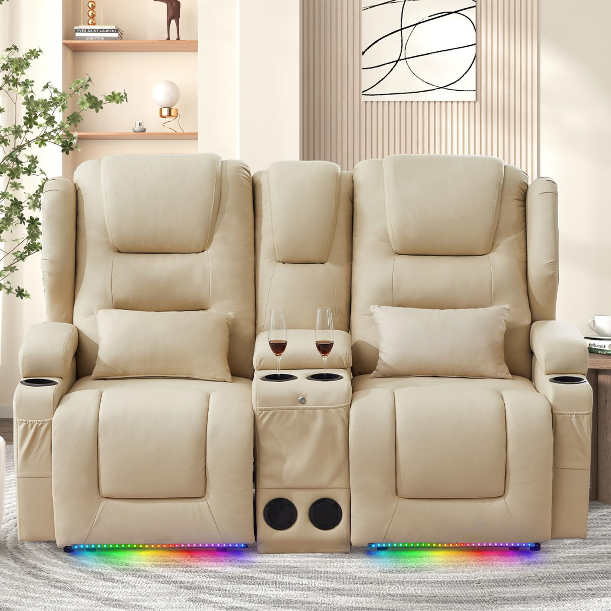 Oprisen 2-Seater Power Loveseat Recliner Electric Reclining Sofa Couch Wall Hugger Recliner Home Theater Seating w/Multi-Function Console/Cup Holders/LED Ambient Light Oprisen