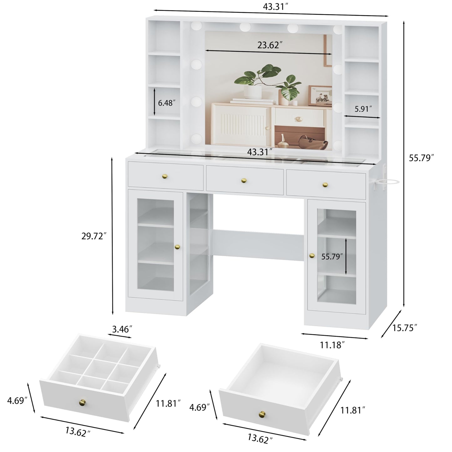 HUANLEGO White Vanity Desk with Mirror and Lights, Glass Top Vanity with Lighted Mirror & RGB Glass Cabinet and 3 Drawers, Makeup Vanity Desk with Lights Dressing Table for Bedroom, 3 Color Modes