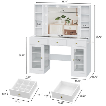 HUANLEGO White Vanity Desk with Mirror and Lights, Glass Top Vanity with Lighted Mirror & RGB Glass Cabinet and 3 Drawers, Makeup Vanity Desk with Lights Dressing Table for Bedroom, 3 Color Modes