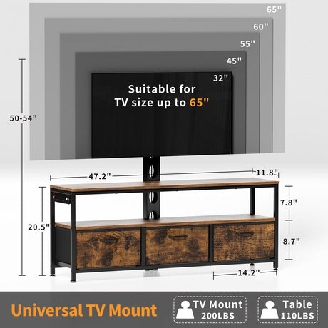 JUSTOGO TV Stand with Mount and Power Outlet, TV Stand with Drawers Storage for Living Room Bedroom, LED Entertainment Center for 45/55/60/65 inch TVs, Height Adjustable Media Console, Rustic JUSTOGO