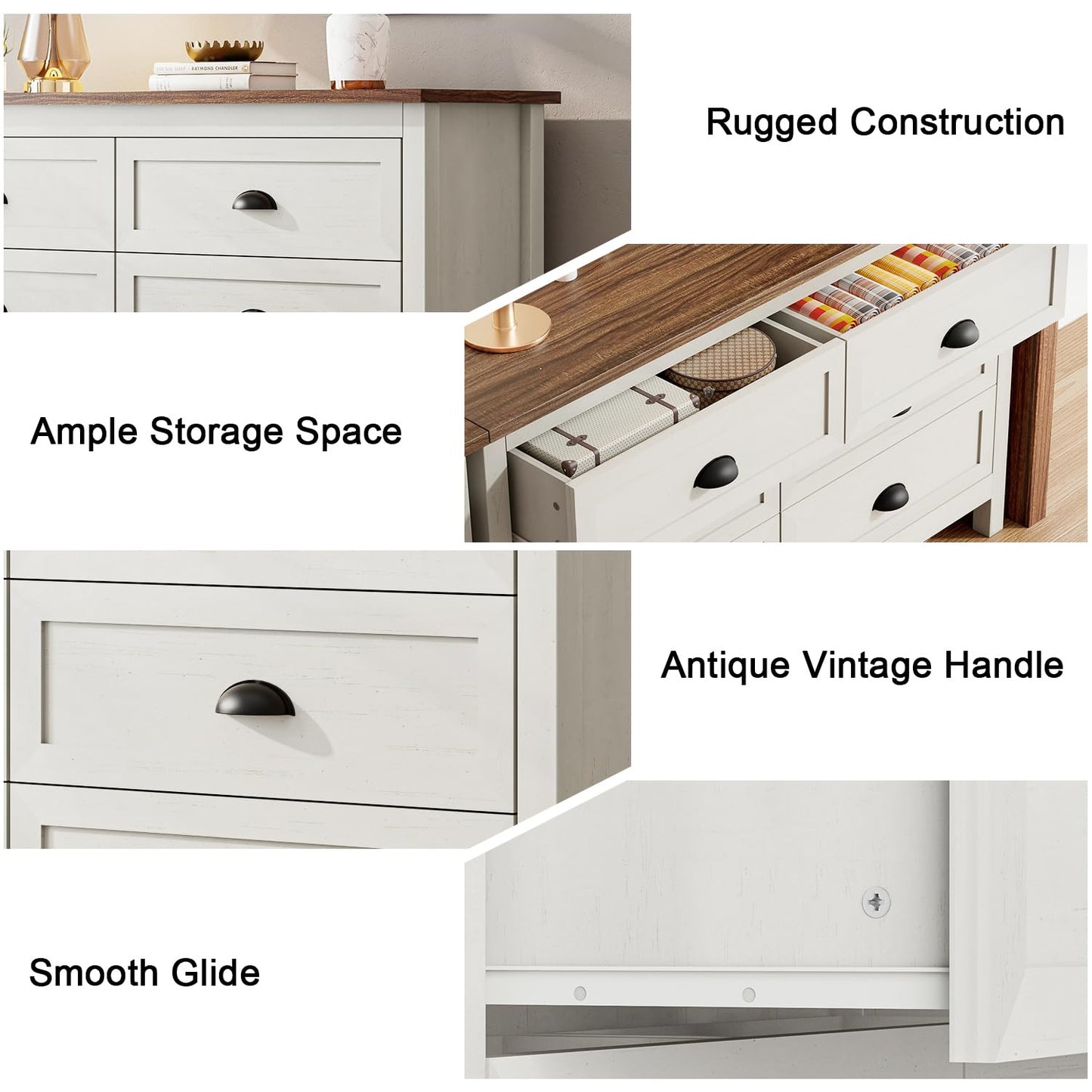 Wananlanen Farmhouse Dresser for Bedroom, Antique Double 6 Drawer Dresser & Chest of Drawer with Metal Handle and Storage, Wood Rustic Dresser Organizer for Living Room(Antique White)