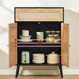 Iwell Storage Cabinet with Adjustable Shelf, Rattan Cabinet with Large Drawer, Sideboard Buffet Cabinet with Storage, Accent Cabinet, Bathroom Storage Cabinet for Dining Room, Entryway, Bedroom, Black Iwell