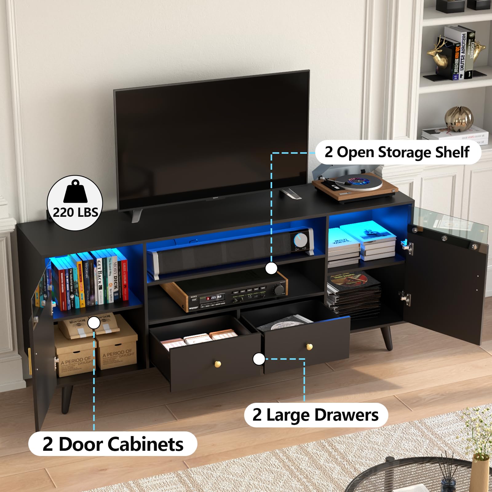 TV Stand for TV up to 65 Inch, LED Lights Entertainment Center with Power Outlet, TV Cabinet with Storage Drawers and Open Shelf, Modern TV Media Console for Living Room, Black Television Tab - WoodArtSupply