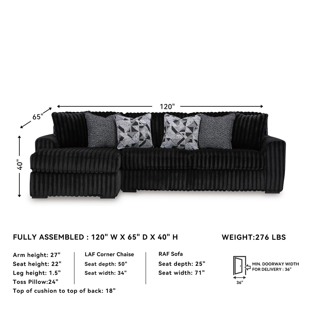 Signature Design by Ashley Midnight-Madness Contemporary L-Shaped 2-Piece Sectional Sofa with Chaise for Living Room, Black Signature Design by Ashley
