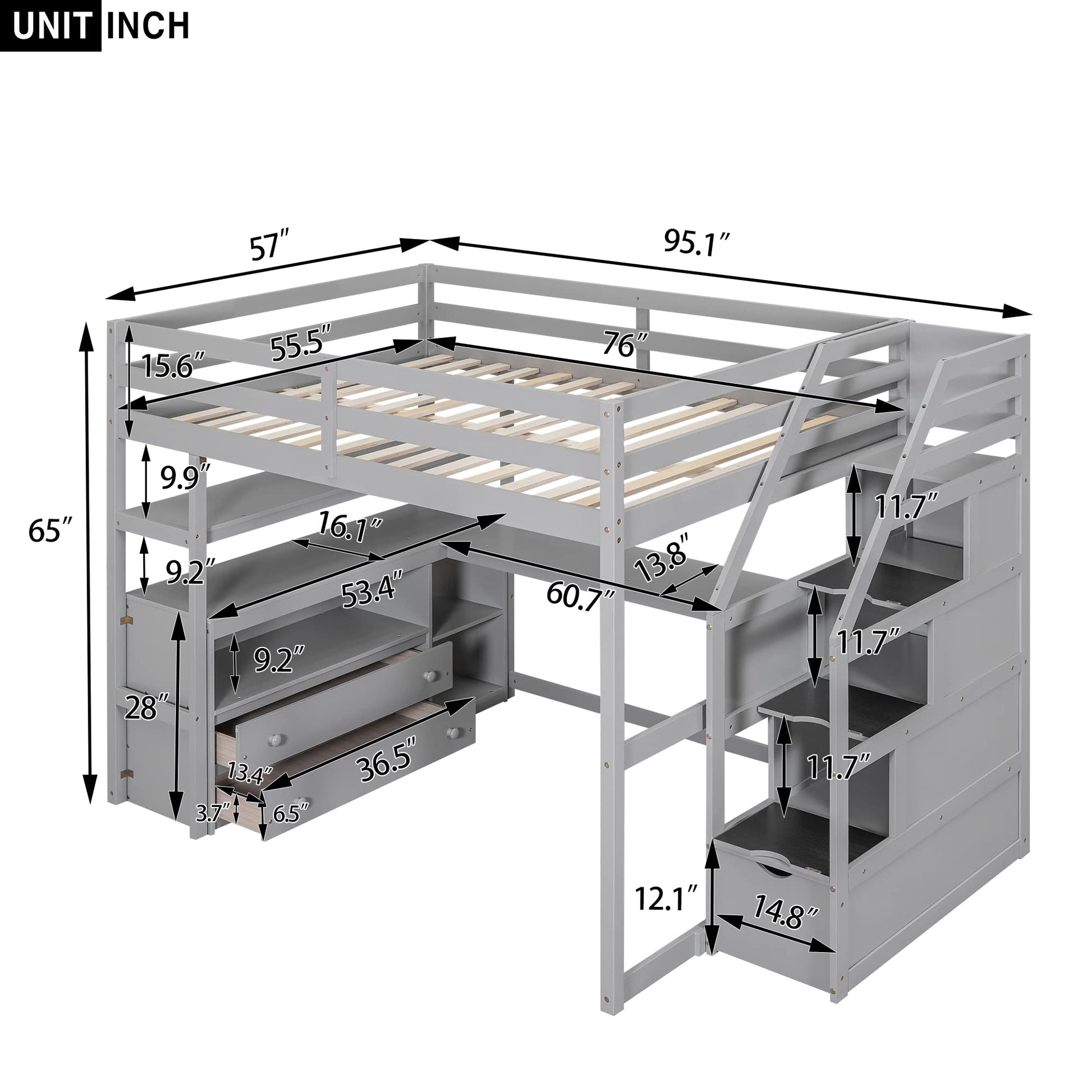 Grey Full Size Loft Bed with Stairs, Desk, Drawers, and Bookshelf by Harper & Bright Designs - WoodArtSupply